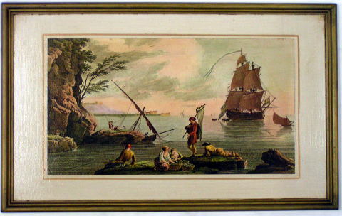 No.34112201 古いリトグラフ 版画A.Mayer「帆船と山脈」+